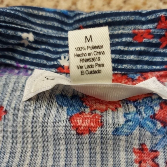 French Laundry Womens Size M Blue Floral Striped Button Front Blouse Long Sleeve - Picture 11 of 14